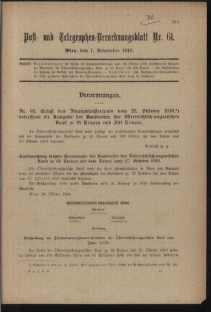 Post- und Telegraphen-Verordnungsblatt für das Verwaltungsgebiet des K.-K. Handelsministeriums 19181107 Seite: 1