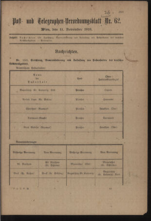 Post- und Telegraphen-Verordnungsblatt für das Verwaltungsgebiet des K.-K. Handelsministeriums 19181111 Seite: 1