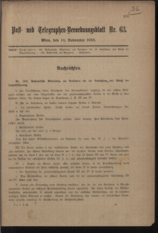 Post- und Telegraphen-Verordnungsblatt für das Verwaltungsgebiet des K.-K. Handelsministeriums 19181113 Seite: 1