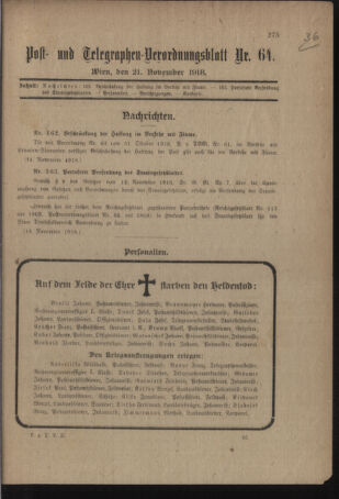 Post- und Telegraphen-Verordnungsblatt für das Verwaltungsgebiet des K.-K. Handelsministeriums 19181121 Seite: 1