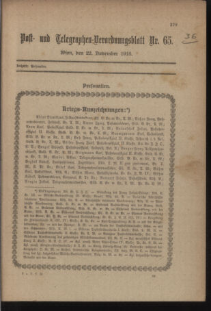 Post- und Telegraphen-Verordnungsblatt für das Verwaltungsgebiet des K.-K. Handelsministeriums 19181122 Seite: 1