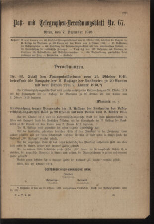 Post- und Telegraphen-Verordnungsblatt für das Verwaltungsgebiet des K.-K. Handelsministeriums 19181207 Seite: 1