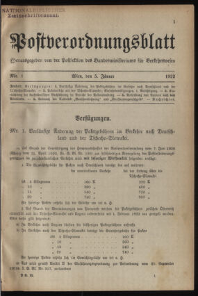 Post- und Telegraphen-Verordnungsblatt für das Verwaltungsgebiet des K.-K. Handelsministeriums 19220105 Seite: 1