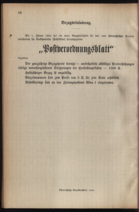 Post- und Telegraphen-Verordnungsblatt für das Verwaltungsgebiet des K.-K. Handelsministeriums 19220112 Seite: 22