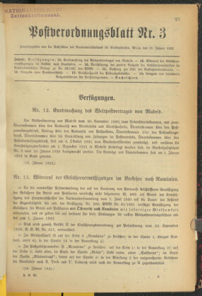 Post- und Telegraphen-Verordnungsblatt für das Verwaltungsgebiet des K.-K. Handelsministeriums 19220119 Seite: 1