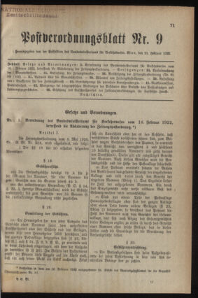 Post- und Telegraphen-Verordnungsblatt für das Verwaltungsgebiet des K.-K. Handelsministeriums 19220221 Seite: 1