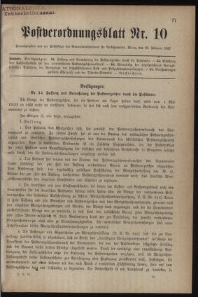 Post- und Telegraphen-Verordnungsblatt für das Verwaltungsgebiet des K.-K. Handelsministeriums 19220223 Seite: 1