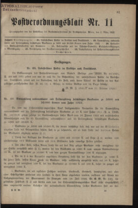 Post- und Telegraphen-Verordnungsblatt für das Verwaltungsgebiet des K.-K. Handelsministeriums 19220302 Seite: 1