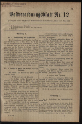 Post- und Telegraphen-Verordnungsblatt für das Verwaltungsgebiet des K.-K. Handelsministeriums 19220309 Seite: 1