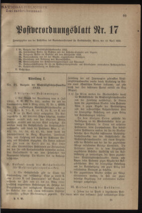 Post- und Telegraphen-Verordnungsblatt für das Verwaltungsgebiet des K.-K. Handelsministeriums 19220412 Seite: 1