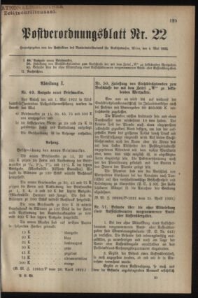 Post- und Telegraphen-Verordnungsblatt für das Verwaltungsgebiet des K.-K. Handelsministeriums 19220504 Seite: 1