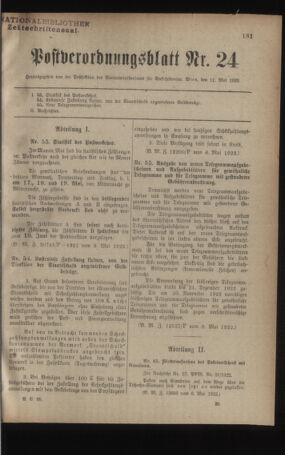 Post- und Telegraphen-Verordnungsblatt für das Verwaltungsgebiet des K.-K. Handelsministeriums 19220511 Seite: 1