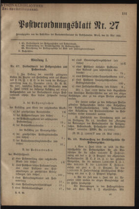 Post- und Telegraphen-Verordnungsblatt für das Verwaltungsgebiet des K.-K. Handelsministeriums 19220523 Seite: 1