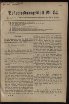 Post- und Telegraphen-Verordnungsblatt für das Verwaltungsgebiet des K.-K. Handelsministeriums 19220714 Seite: 1