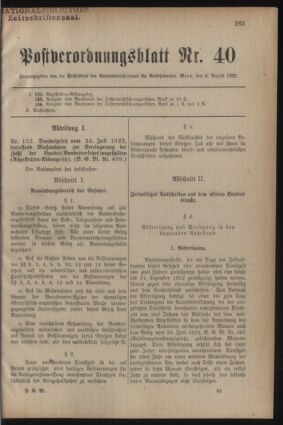 Post- und Telegraphen-Verordnungsblatt für das Verwaltungsgebiet des K.-K. Handelsministeriums 19220809 Seite: 1