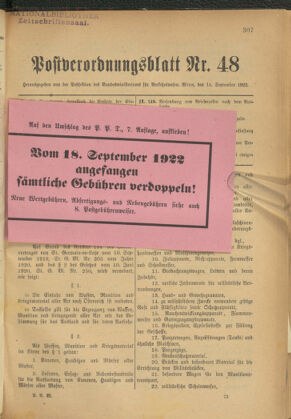 Post- und Telegraphen-Verordnungsblatt für das Verwaltungsgebiet des K.-K. Handelsministeriums 19220914 Seite: 1