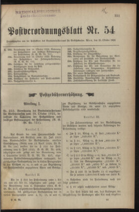 Post- und Telegraphen-Verordnungsblatt für das Verwaltungsgebiet des K.-K. Handelsministeriums 19221020 Seite: 1