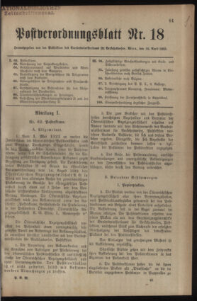 Post- und Telegraphen-Verordnungsblatt für das Verwaltungsgebiet des K.-K. Handelsministeriums 19230416 Seite: 1