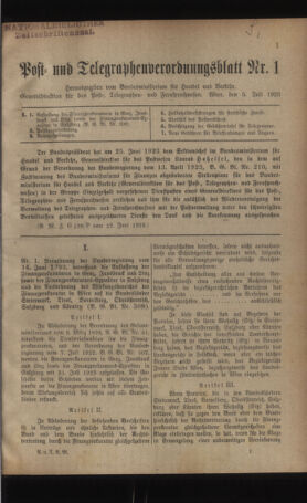 Post- und Telegraphen-Verordnungsblatt für das Verwaltungsgebiet des K.-K. Handelsministeriums 19230705 Seite: 1