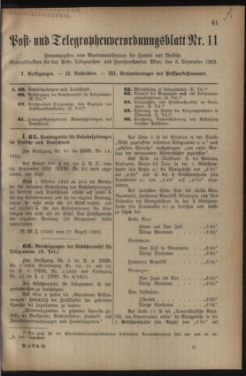 Post- und Telegraphen-Verordnungsblatt für das Verwaltungsgebiet des K.-K. Handelsministeriums 19230906 Seite: 1