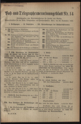 Post- und Telegraphen-Verordnungsblatt für das Verwaltungsgebiet des K.-K. Handelsministeriums 19230926 Seite: 1