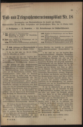 Post- und Telegraphen-Verordnungsblatt für das Verwaltungsgebiet des K.-K. Handelsministeriums 19231015 Seite: 1