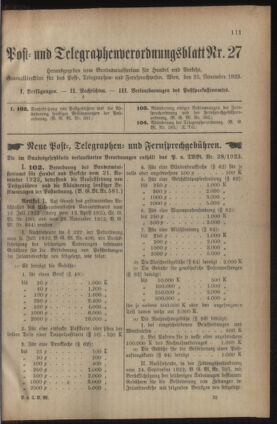 Post- und Telegraphen-Verordnungsblatt für das Verwaltungsgebiet des K.-K. Handelsministeriums 19231123 Seite: 1