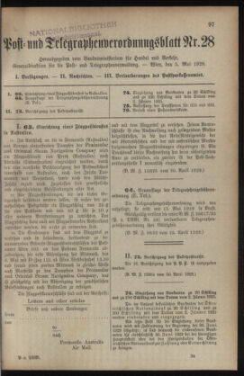 Post- und Telegraphen-Verordnungsblatt für das Verwaltungsgebiet des K.-K. Handelsministeriums 19290505 Seite: 1