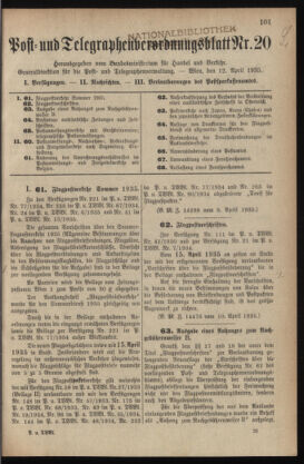 Post- und Telegraphen-Verordnungsblatt für das Verwaltungsgebiet des K.-K. Handelsministeriums 19350412 Seite: 1