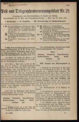 Post- und Telegraphen-Verordnungsblatt für das Verwaltungsgebiet des K.-K. Handelsministeriums 19350419 Seite: 1