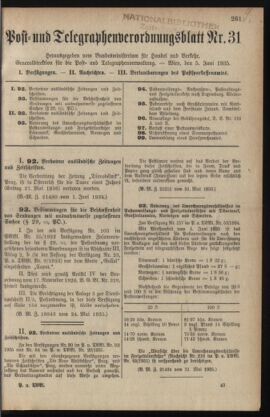 Post- und Telegraphen-Verordnungsblatt für das Verwaltungsgebiet des K.-K. Handelsministeriums 19350605 Seite: 1