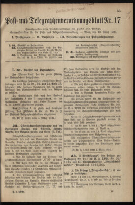 Post- und Telegraphen-Verordnungsblatt für das Verwaltungsgebiet des K.-K. Handelsministeriums 19360310 Seite: 1