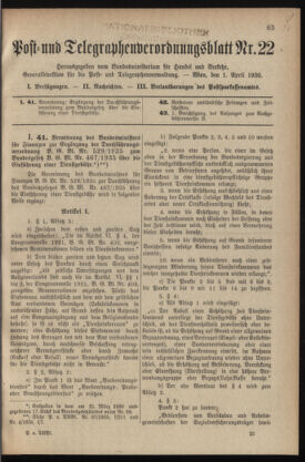 Post- und Telegraphen-Verordnungsblatt für das Verwaltungsgebiet des K.-K. Handelsministeriums 19360401 Seite: 1