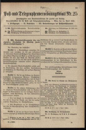 Post- und Telegraphen-Verordnungsblatt für das Verwaltungsgebiet des K.-K. Handelsministeriums 19360414 Seite: 1