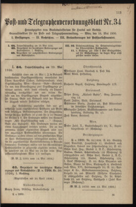 Post- und Telegraphen-Verordnungsblatt für das Verwaltungsgebiet des K.-K. Handelsministeriums 19360516 Seite: 1