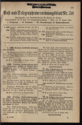 Post- und Telegraphen-Verordnungsblatt für das Verwaltungsgebiet des K.-K. Handelsministeriums 19360829 Seite: 1