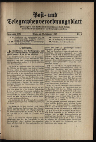 Post- und Telegraphen-Verordnungsblatt für das Verwaltungsgebiet des K.-K. Handelsministeriums 19370116 Seite: 1