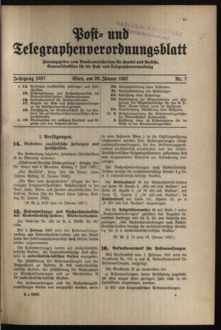 Post- und Telegraphen-Verordnungsblatt für das Verwaltungsgebiet des K.-K. Handelsministeriums 19370126 Seite: 1