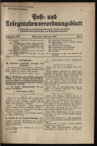 Post- und Telegraphen-Verordnungsblatt für das Verwaltungsgebiet des K.-K. Handelsministeriums 19370203 Seite: 1