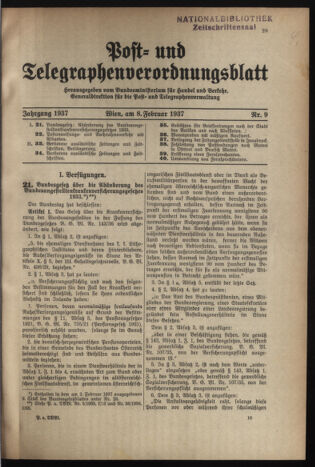 Post- und Telegraphen-Verordnungsblatt für das Verwaltungsgebiet des K.-K. Handelsministeriums 19370208 Seite: 1