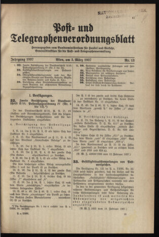 Post- und Telegraphen-Verordnungsblatt für das Verwaltungsgebiet des K.-K. Handelsministeriums 19370303 Seite: 1