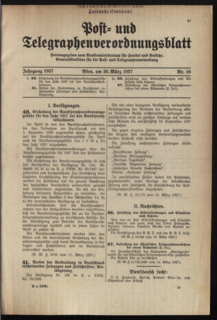 Post- und Telegraphen-Verordnungsblatt für das Verwaltungsgebiet des K.-K. Handelsministeriums 19370320 Seite: 1