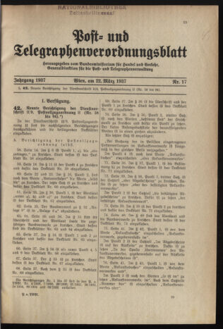 Post- und Telegraphen-Verordnungsblatt für das Verwaltungsgebiet des K.-K. Handelsministeriums 19370322 Seite: 1