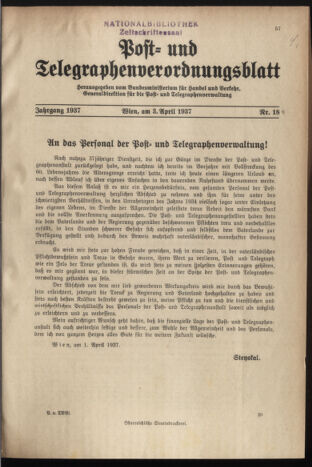 Post- und Telegraphen-Verordnungsblatt für das Verwaltungsgebiet des K.-K. Handelsministeriums 19370403 Seite: 1