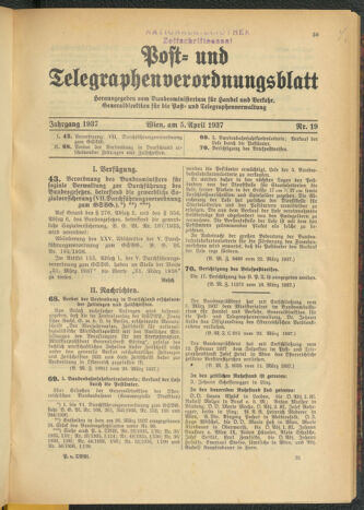 Post- und Telegraphen-Verordnungsblatt für das Verwaltungsgebiet des K.-K. Handelsministeriums 19370405 Seite: 1