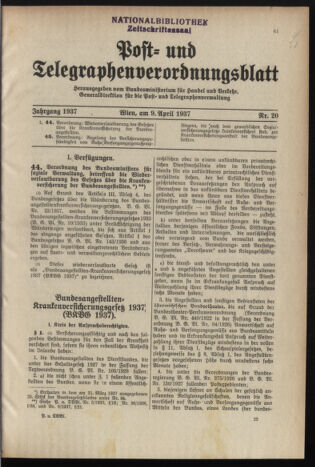 Post- und Telegraphen-Verordnungsblatt für das Verwaltungsgebiet des K.-K. Handelsministeriums 19370409 Seite: 1