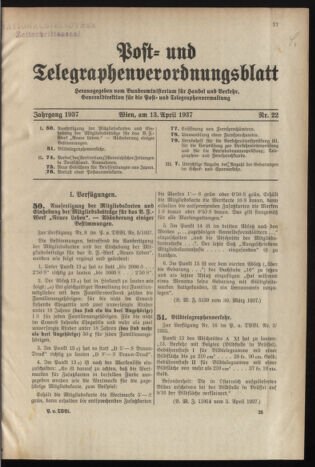 Post- und Telegraphen-Verordnungsblatt für das Verwaltungsgebiet des K.-K. Handelsministeriums 19370413 Seite: 1