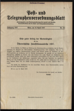 Post- und Telegraphen-Verordnungsblatt für das Verwaltungsgebiet des K.-K. Handelsministeriums 19370416 Seite: 1