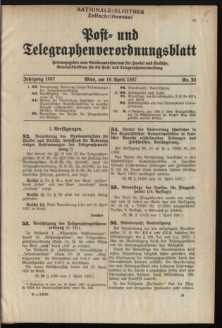 Post- und Telegraphen-Verordnungsblatt für das Verwaltungsgebiet des K.-K. Handelsministeriums 19370419 Seite: 1