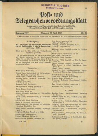 Post- und Telegraphen-Verordnungsblatt für das Verwaltungsgebiet des K.-K. Handelsministeriums 19370420 Seite: 1